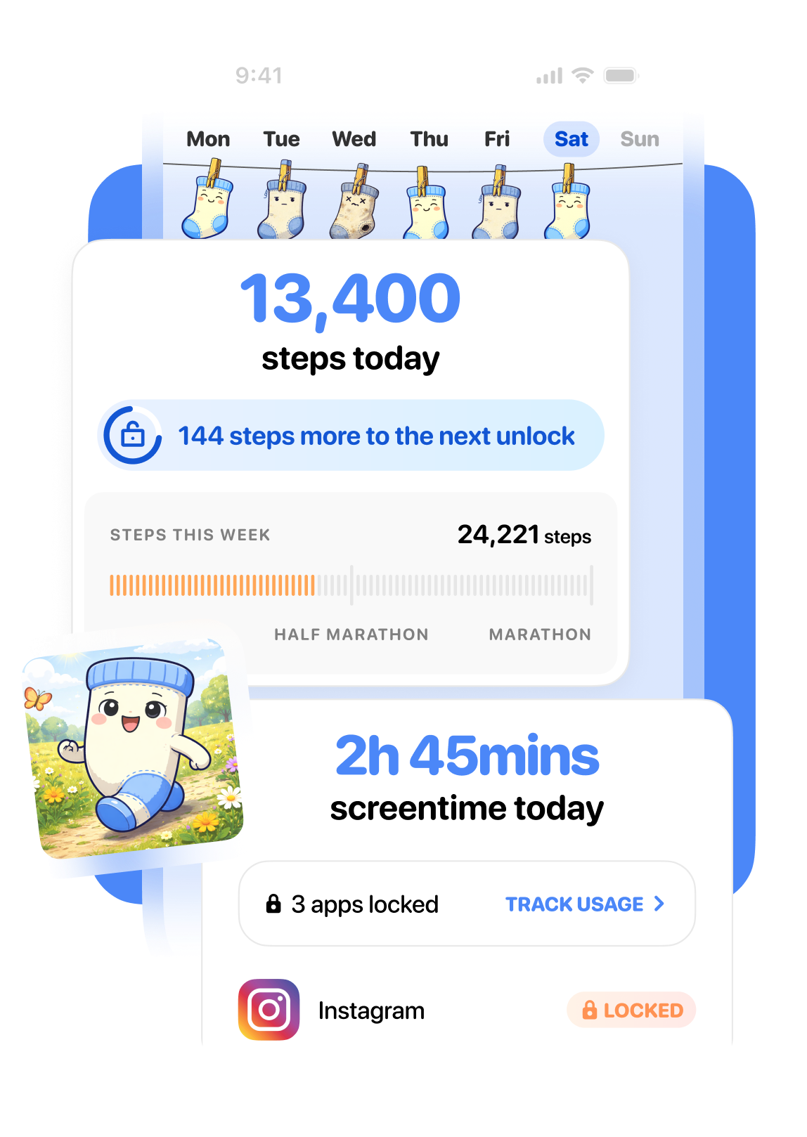 Walk to Scroll app showing 13,400 steps and screen time unlocks